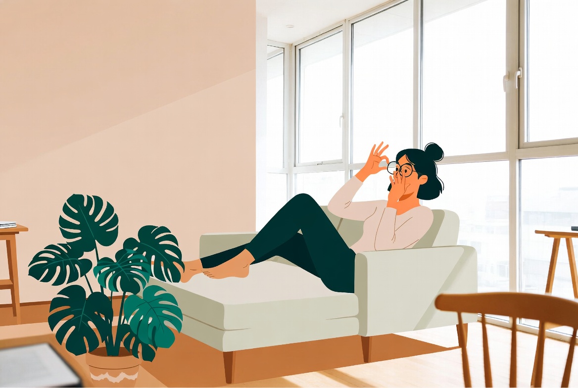 Ilustração moderna de espaço sereno com pessoa praticando exercício ocular suave em ambiente iluminado com plantas